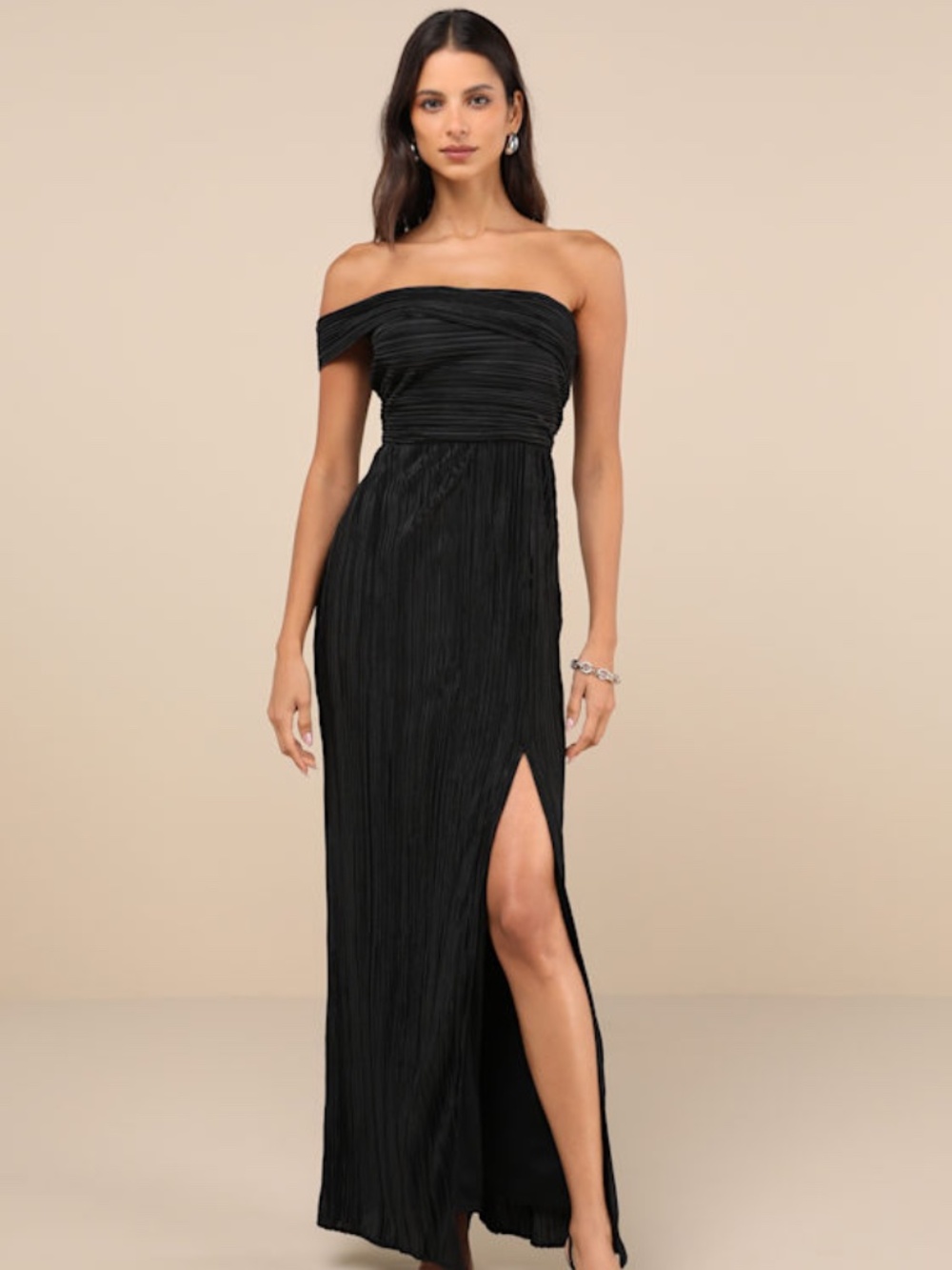 Lulus Poised Performance Black Plisse One-shoulder Maxi Dress - Size M